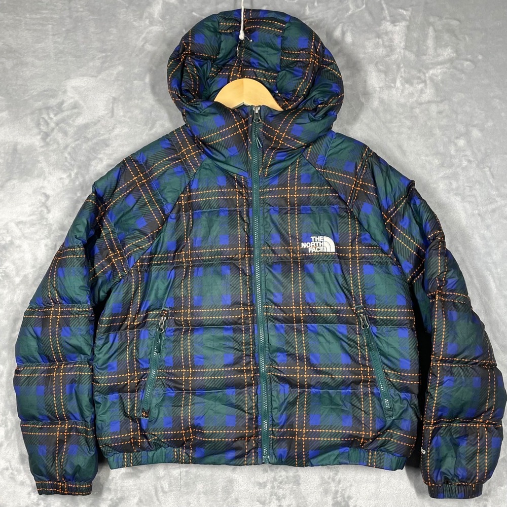The North Face Womens 550 Down Puffer Jacket Plaid Green Blue NF0A5IXU Large